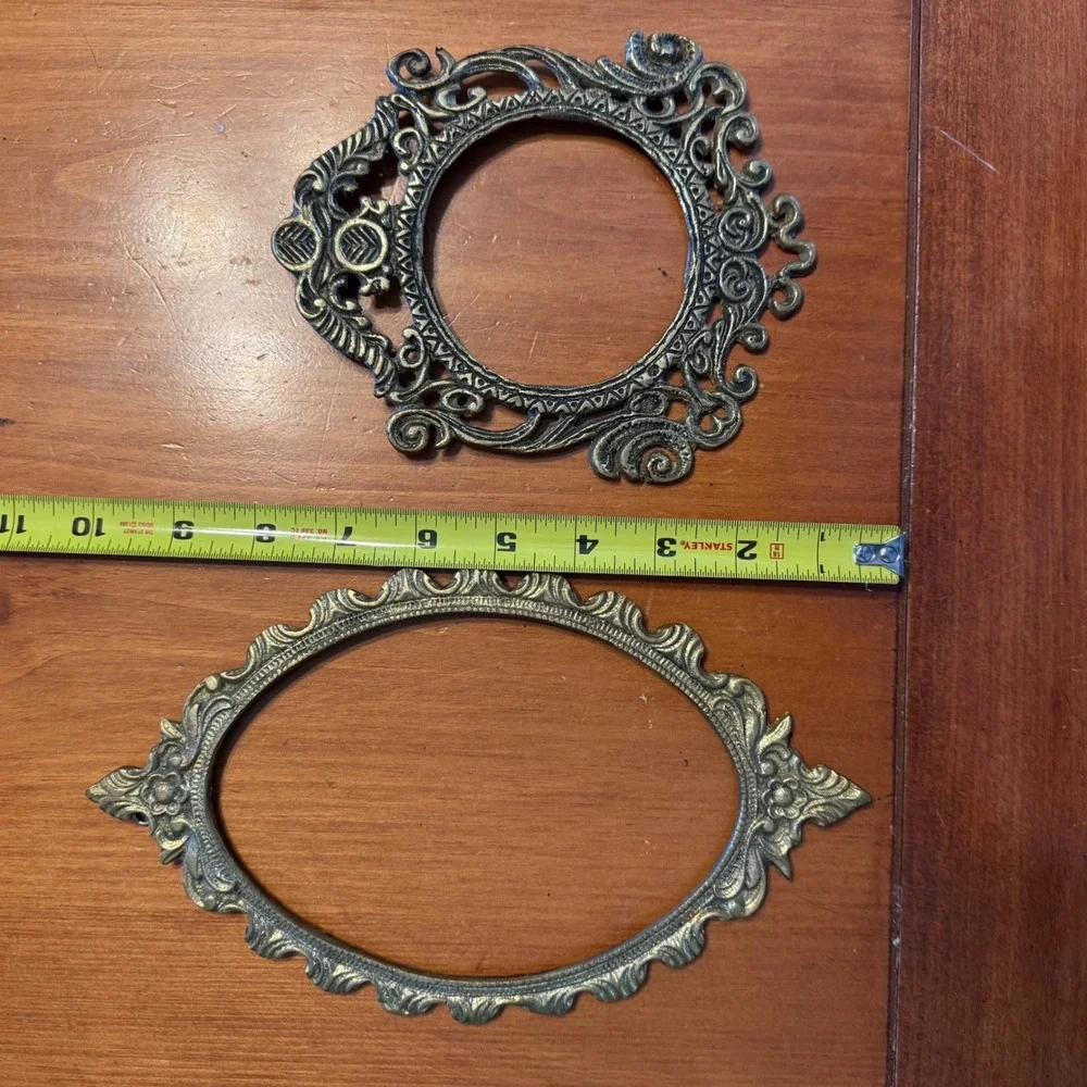 Vintage Ornate Picture Frames Set of 2 Oval Round Filigree Cast Metal Decor